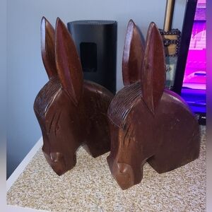 Vintage Carved Donkey Horse Head Wood Sculpture Book Ends